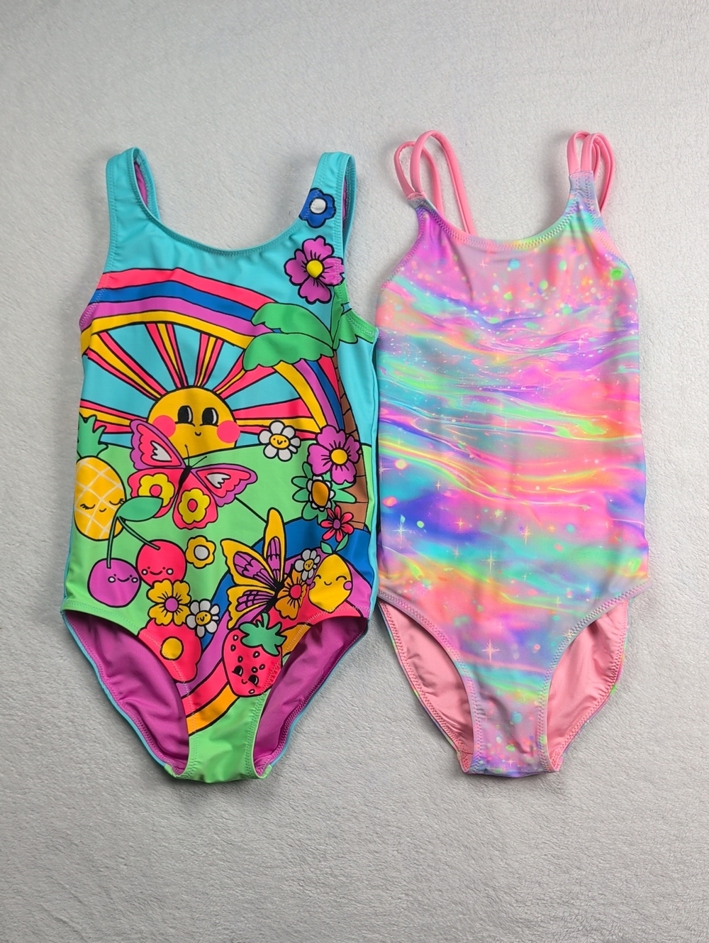 Next Direct Girls' Blue Beach Scene & Rainbow Galaxy One-Piece Swimsuits 7UK